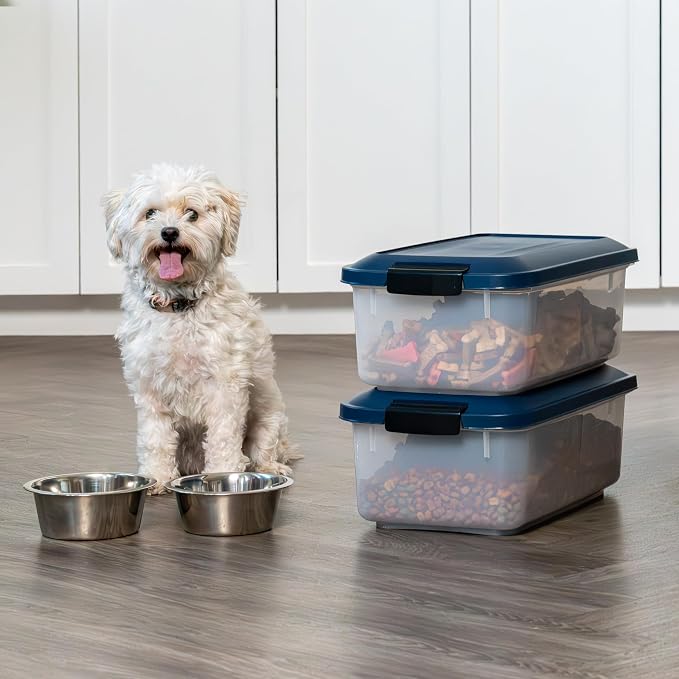 IRIS USA Dog Food Storage Container, 2-Pack, Up to 14 lbs, Navy | Made in the USA, Comes with 2-Cup Sccop, Stacklable, Airtight Seal, BPA-Free, Bird Seed, Cat food, Treats, Keeps Kibble Fresh