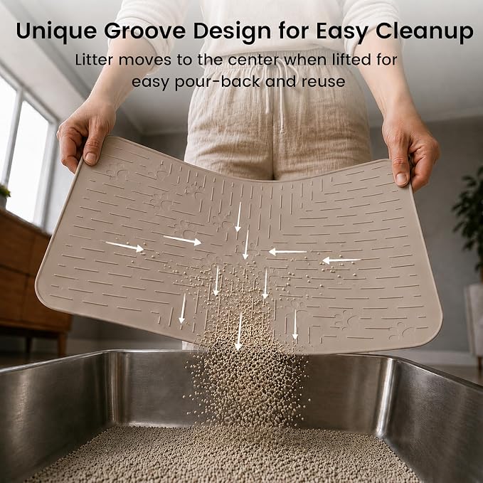 OHMO Cat Litter Mat, 23.5x16 Silicone Trapping Mat Beige | for Kitty Litter Box, Easy Clean, BPA Free Rubber, Center Litter Collection, Easy Pour-Back, Waterproof, Odor-Resistant