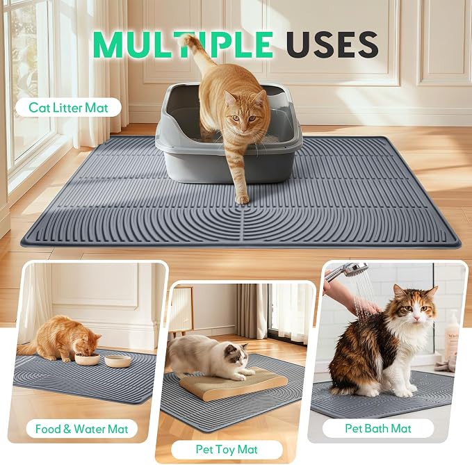 Pawtasy Cat Litter Mat,40" x 28" Extra Large Silicone Waterproof Litter Trapping Mat for Scatter Control Soft on Kitty Paws Non-Slip Easy to Clean