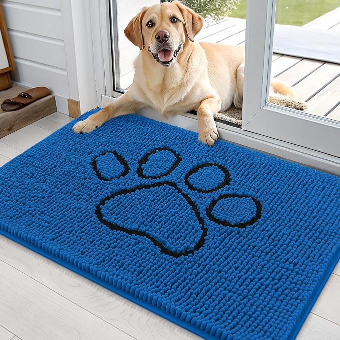 OLANLY Dog Door Mat for Muddy Paws 30x20, Paw Print Design Chenille Mud Mat | Deep Navy Blue, Absorbent, Traps Moisture and Dirt, Non-Slip Washable Doormat, Quick-Dry Indoor Entryway Carpet for Dogs
