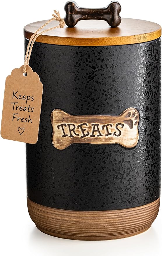Miamolo Dog Treat Container Jar, Ceramic Airtight Dog Food Storage Container with Lid and Handle, Dog Treats Cookie Snack Jar Canister for Kitchen Counter, Gift for Dog Owners, Bone Glinting Black
