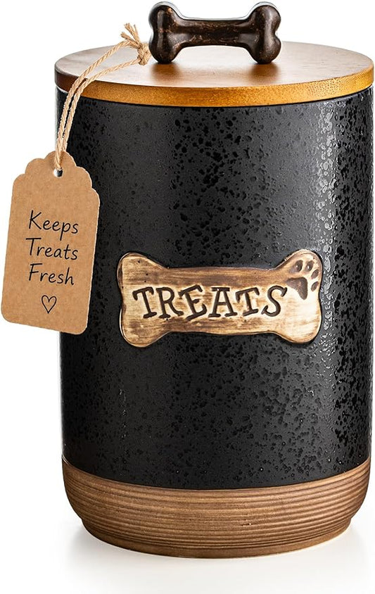 Miamolo Dog Treat Container Jar, Ceramic Airtight Dog Food Storage Container with Lid and Handle, Dog Treats Cookie Snack Jar Canister for Kitchen Counter, Gift for Dog Owners, Bone Glinting Black