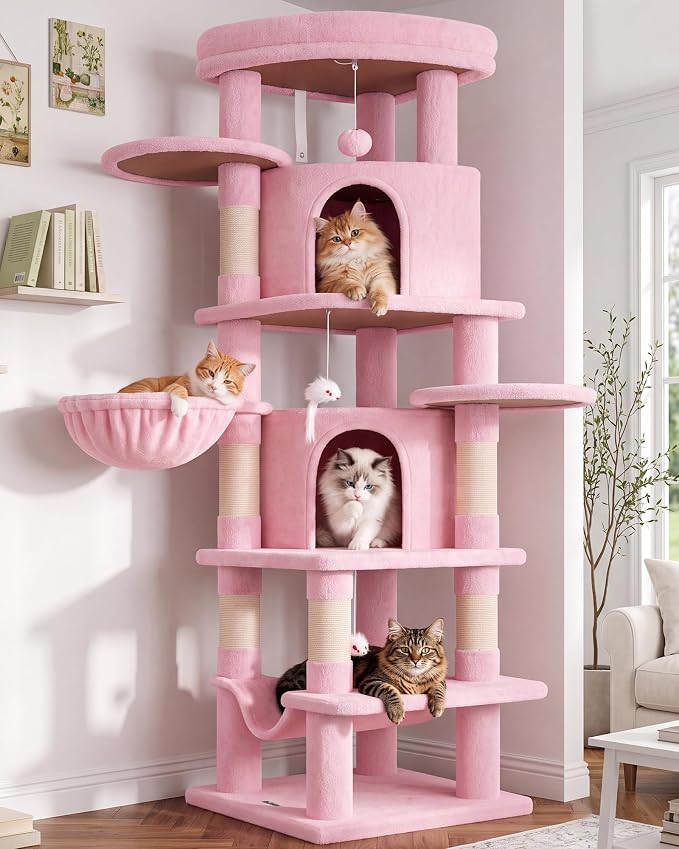 Globlazer 66in Pink Corner Cat Tree Tower for Indoor Large Cats, C66, Pink | Space-Saving Stable Cute Cat Tower with 6 Scratching Posts, 2 Large Fan-shaped Condos & Top Perch, Hammock, Climbing Steps
