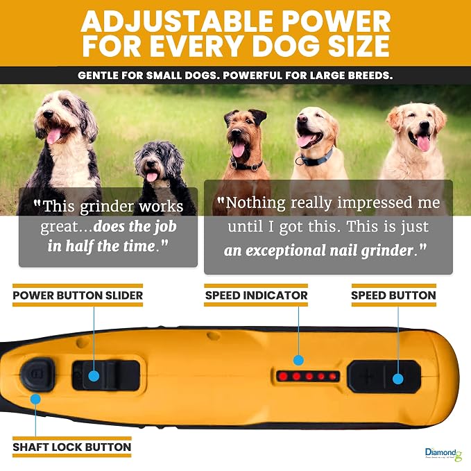 Diamondg Cordless Dog Nail Grinder - Quiet Sound with LED Light, Orange | 5-Speed Rechargeable Pet Nail Trimmer for Small & Large Dogs, USB-C Charging, 4hrs. Runtime, Painless Dog Nail Grinding Kit