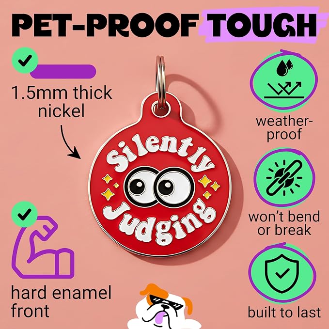 Bad Tags Personalized Dog and Cat ID Tags in 25+ Designs and 2 Sizes - 5 Lines of Custom Engraved Text - Funny Cute Personalized Pet Tags (Silently Judging - Red, Small (1 inch))