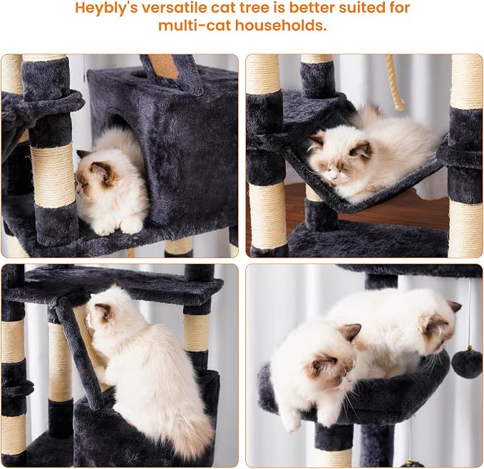 Heybly Cat Tree, 68 inch Multi-Level Cat Tower for Indoor Cats HCT025G | Cat Condo with 2 Widened Plush Perches, 2 Cozy Baskets, Scratching Board and Big Caves, Smoky Gray