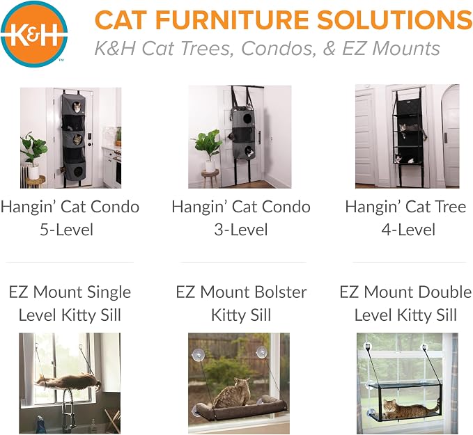 K&H Door Cat Tree, Over the Door Cat Furniture - Gray, Fits Doors <80in H | Space Saving Multi-Level Wall Perch Hammock Bed, Interconnecting Levels, Collapsible, Tool-Free Assembly