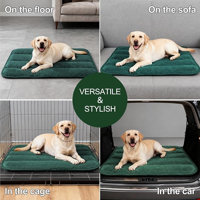 Dog Bed Mat, Reversible Dog Crate Pad with Washable Kennel Mat and Soft Foam, Flat Pet Bed for Dogs & Cats, for Crates Carriers & Travel (Green, 34" L*20" W*1.5" Th)