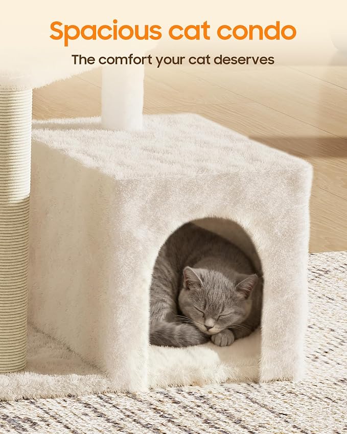 Cat Tree Tower for Indoor Cats, 33 Inches Multi-Level Cat Condo with Scratching Posts, Large Perch, Hanging Toy for Large Adult Cats, Beige