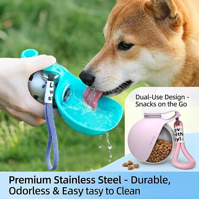Dog Water Bottle, 10oz Stainless Steel Portable Dog Water Bottle with Foldable Silicone Bowl, 2-in-1 Portable Dog Water Bowl for Water & Food, Water Dispenser for Dogs Walking (Pink Printed)