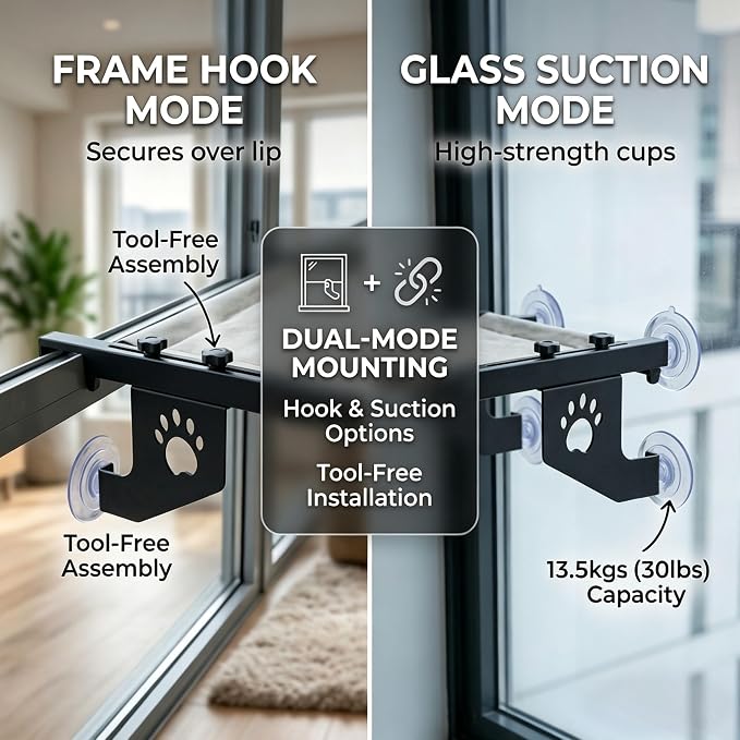 NFMOD 2-in-1 Suction & Hook Cat Window Perch Metal Hammock for Large Cat | heavy metal frame holds 30lbs,no-drill damage-free setup,wide sunbathing platform,detachable machine washable fabric cushion