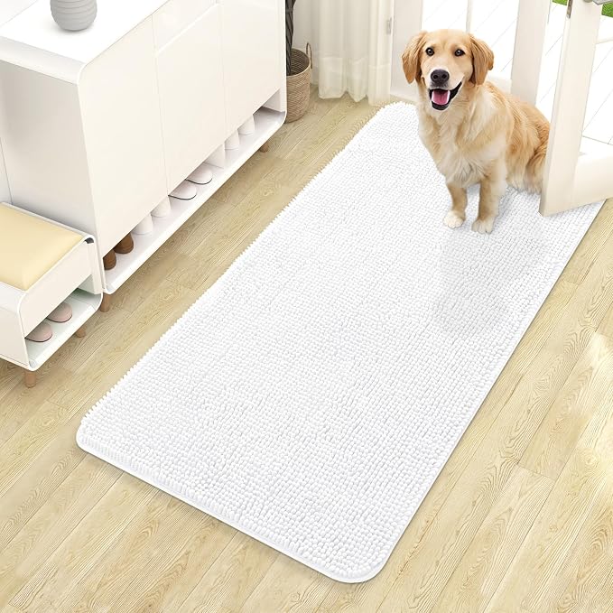 OLANLY Dog Door Mat for Muddy Paws 44x24, Super Absorbent Chenille Mud Mat | White, Absorbs Moisture and Dirt, Non-Slip Machine Washable Doormat, Quick-Drying Indoor Entryway Floor Carpet for Dogs