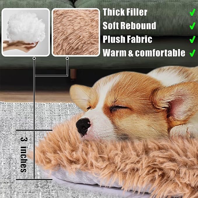 Machine Washable Dog Bed, Deluxe Plush Dog Crate Pad and Cat Bed, Anti-Slip Bottom Kennel Pad Mat, Fuzzy Pet Beds for Large, Medium, Small Dogs Breeds (Light Coffee, 24.0"L x 18.0"W x 3.0"Th x 1 PACK)