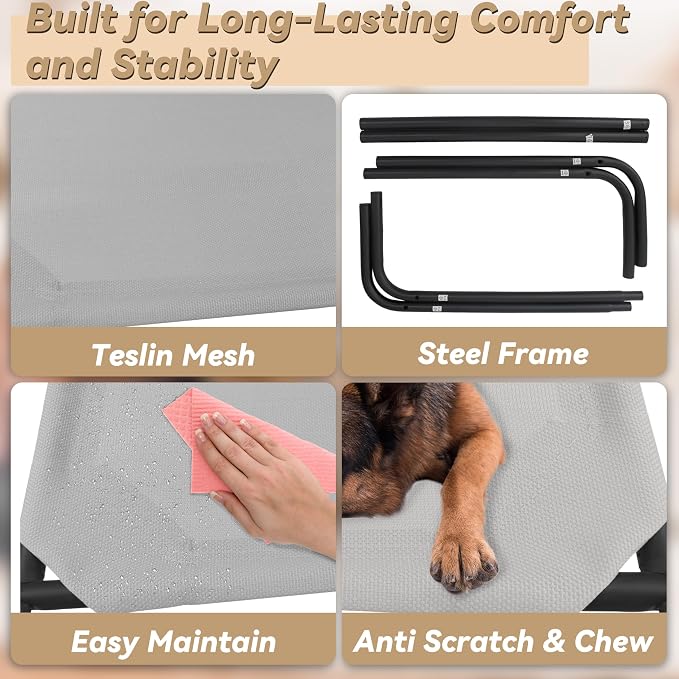 Elevated Dog Bed for Large Dogs, Raised Dog Bed with Breathable Mesh, Non Slip, Easy to Clean, 50.5 Inches, Grey