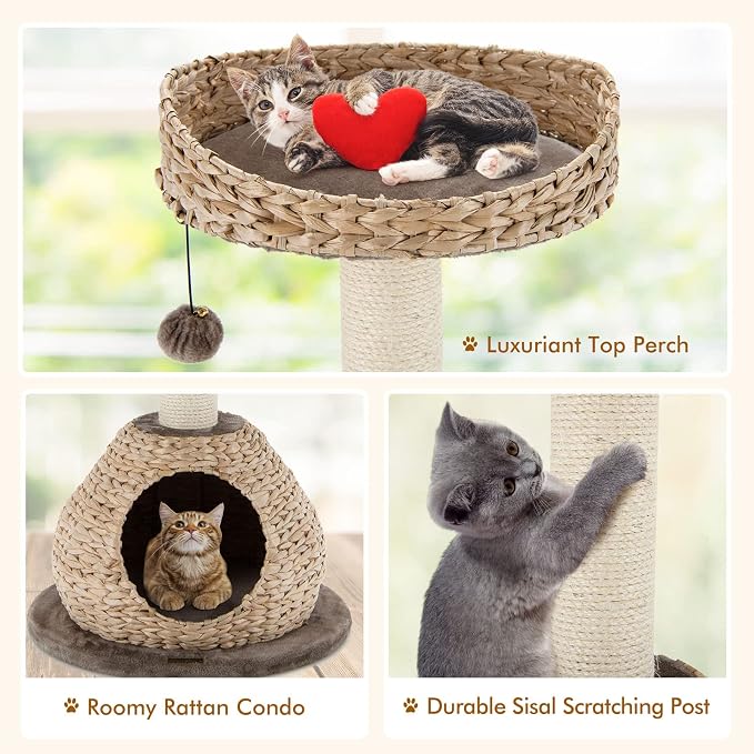 Modern Cat Tree Tower, Paper Rope Natural Bowl Shaped with Perch, Scratching Post, Rattan Cat Activity Tree for Kittens, 28" Tall