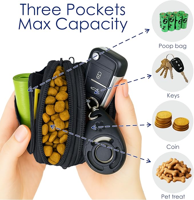 Raisingwell Dog Treat Pouch for Pet Walking and Training with Clicker, Poop Bags, and Three Bags Design Small Fanny Zipper Pack Holder for Puppy Snack Dispenser Kit for Leash and Outdoor Use (Black)