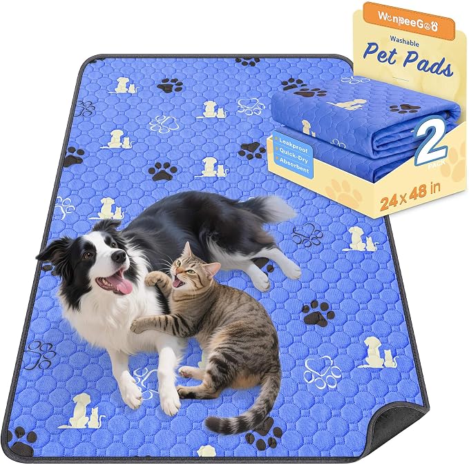 WanpeeGoo Washable Pee Pads for Dogs, Waterproof, 24 x 48 in, 2 Pack, Blue | Super Absorbent, Waterproof and Non-Slip; Washable, Reusable Dog Pads for Crates, Playpens, Floors, Furniture and Travel