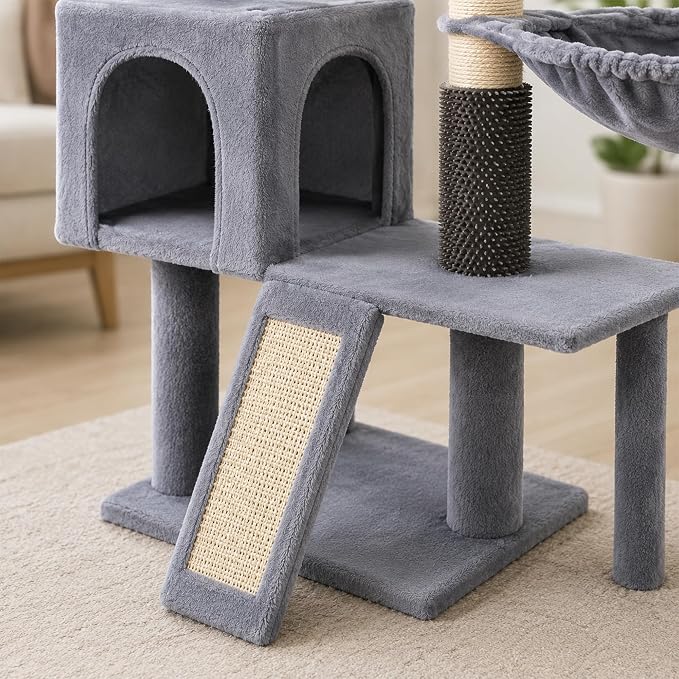Smouatou Cat Tree with Cat Condo and Two Hammocks, Cat Tower with Scratching Posts and Scratching Pads Cat Toys, Grey