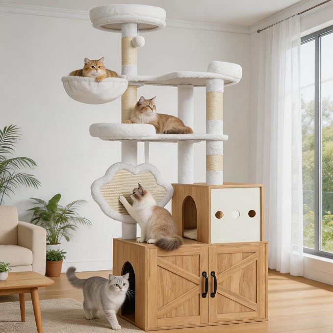 Heybly Cat Tree with Litter Box Enclosure, Modern 64" Hidden Tower HCT105BT | All-in-One Solid Wood Cat Condo for Indoor Cats with Paw-Shaped Board, Multi-Level Perch & Playzone, White Oak