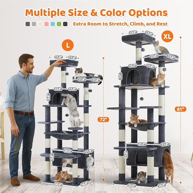 PAWZ Road XXL 81" Cat Tree Large Cats with Big Condos,Perches Sisal Posts | 20"x16" hammock for adult cats, tall cat tower with 7 scratching posts, dual perch and large condo for big maine cats