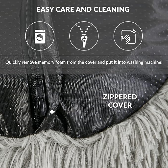 Friends Forever Serena Donut Memory Foam Orthopedic Dog Bed, Soft Faux Fur Oval Cat Couch For Indoor Pet, Fluffy Calming Plush Shag, Round Raised Bolster Cushion, Machine Washable Cuddler, Grey