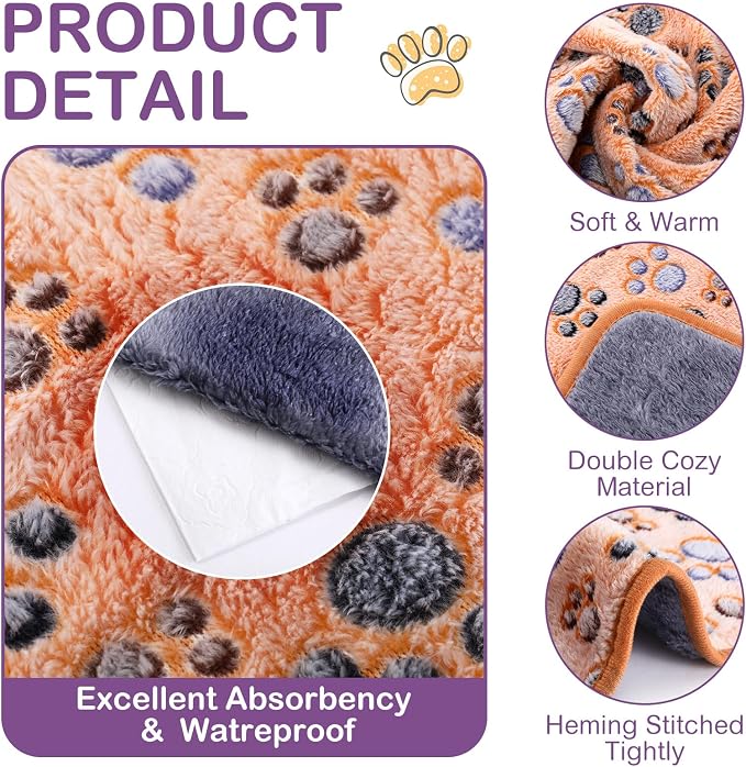 Panelee 24 x 16 Inch 4 Pcs Washable Dog Blankets Waterproof Cute Paw Print Fleece Blanket Reusable Puppy Blankets for Small Medium Pet Cat Whelping Warm Soft Mat Guinea Pig Cage Liners