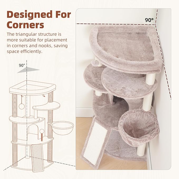 Corner Cat Tree Tower with All Sisal Scratching Posts GCT025MU | 44.1" Cat Furniture with Multi-level Cat Condo, Cat Cave, Hanging Basket, Sisal Scratching Ramp for Indoor Cats, Muchroom