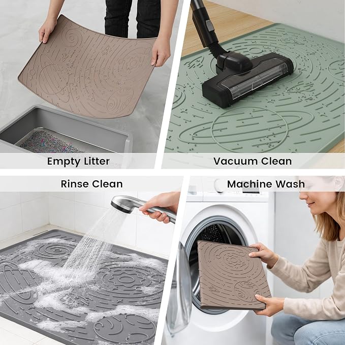 OHMO Cat Litter Mat Small 18.9x11.8in, Dark Grey Silicone Rubber Scatter Control Kitty Litter Box Trapping Mat, Waterproof Easy to Clean, Odorless Pet Supplies, Indoor Cat Essentials