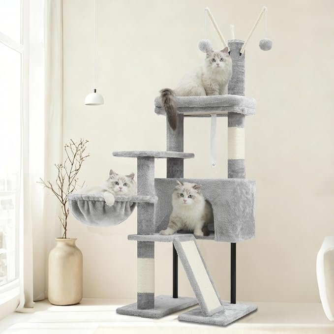 Cat Tree Tower for Indoor Cats, Top Platform with Toy, GCT006SW | 49.2 inch Cat Condo House, Sturdy Base, Scratching Post & Board, 3 Balls, Hanging Basket, Small Cats and Kittens, Light Gray