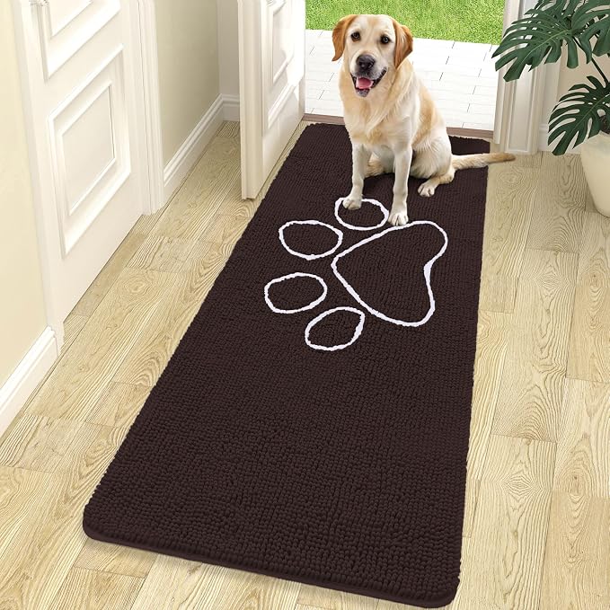 OLANLY Dog Door Mat for Muddy Paws 70x24, Paw Print Design Chenille Mud Mat | Brown, Absorbent, Traps Moisture and Dirt, Non-Slip Washable Doormat, Quick-Drying Indoor Entryway Floor Carpet for Dogs