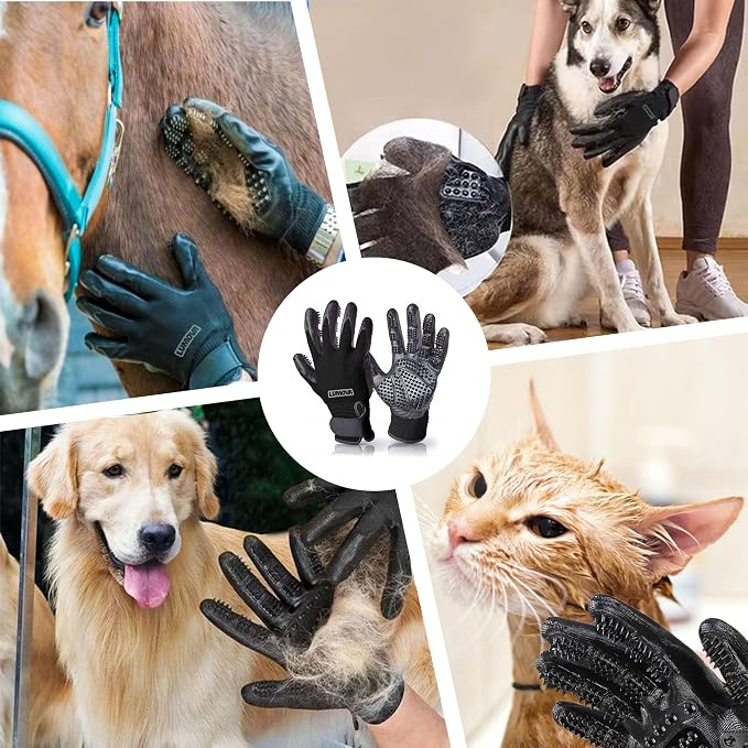 Pet Grooming Glove – Patented Rubber-Massage Shedding Bath & Hair Remover for Dogs, Cats & Livestock – Lightweight, Flexible, Secure Fit (Black)