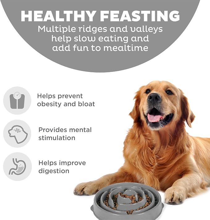 Outward Hound Fun Feeder Slo Bowl – Large 4‑Cup Capacity, Slow Feeding, Medium to Large Dogs, Non‑Slip, Gray, Drop Pattern, 11.75"