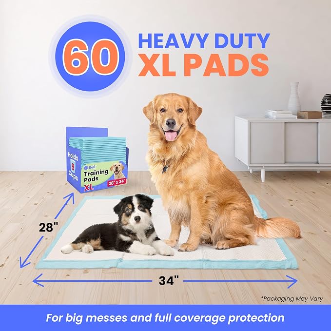 Reli. Pee Pads for Dogs XL 28x34 (60 Pack) | Puppy Training Leak-Proof | 8 Cup Absorbent Dog Pads