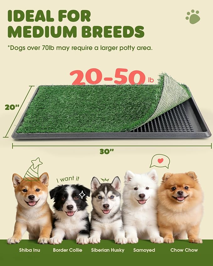 Powools Grass Pad for Dogs Potty - 3-Layer Reusable Dog Grass Pad with Tray, Washable Artificial Grasses Dog Potty Tray with Drainage Holes, Indoor & Outdoor Grass Pee Pad for Dogs, 30" x 20"