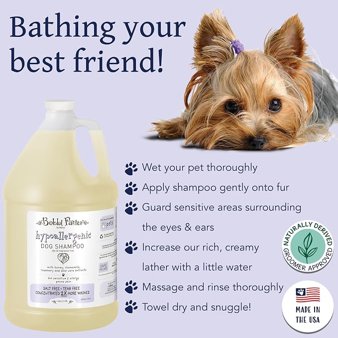 Bobbi Panter Hypoallergenic Dog Shampoo Honey, Aloe Vera, Chamomile & Rosemary – Dye & Fragrance Free Natural Formula for Sensitive & Allergy Skin, Tear-Free, 30:1 Concentrate, Made in USA, 1 Gallon