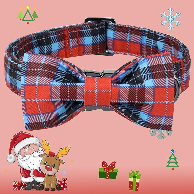 DOGWONG Christmas Dog Collar with Bow Tie, Red Blue Plaid Dog Collar Durable Metal Buckle Adjustable Soft & Cute Red Checkered Dogs Collars for Small Medium Large Dogs, M