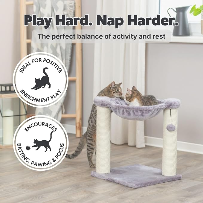 Trixie Baza Cat Scratching Posts, Gray, 15.7" L x 15.7" W x 19.7" H | Indoor Cat Furniture, Plush Hammock, Two Sisal Cat Scratching Posts, Dangling Toy Ball