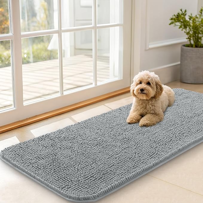 OLANLY Dog Door Mat for Muddy Paws 47x20, Super Absorbent Chenille Mud Mat | Grey, Absorbs Moisture and Dirt, Non-Slip Machine Washable Doormat, Quick-Drying Indoor Entryway Floor Carpet for Dogs
