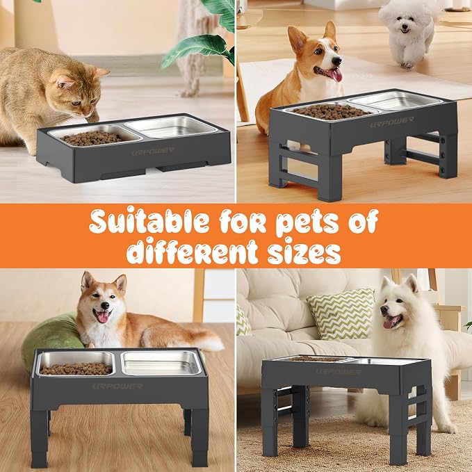 URPOWER Raised Dog Bowls 4 Height Adjustable Elevated Bowl Stand | Stainless Steel Water Bowl Non-Slip Dog Food Bowls Stand for Small Medium Large Dogs and Pets