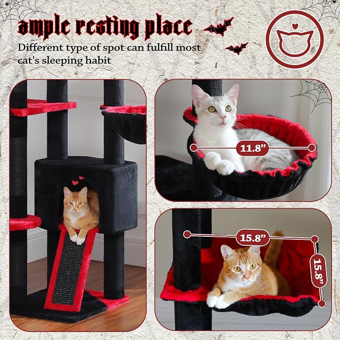 PEQULTI Floor to Ceiling Cat Tree Tower, Height Adjustable 230-252cm, Black | Gothic climbing pole for large cats with cat condo, hammock & sisal scratching posts; measure ceiling, fits 230-252cm