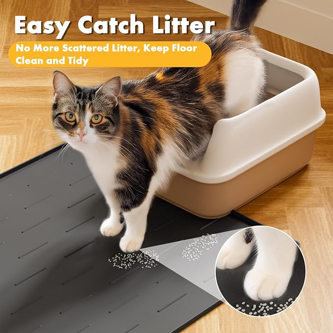 Pieviev Extra Large Silicone Litter Box Mat, Easy to Clean, 40'' x 28'' | Extra-Large Coverage Area Litter Mat, Soft on Kitty Paws, Grooves Reduce Waste, Raised Edges Trap Urine and Spills.
