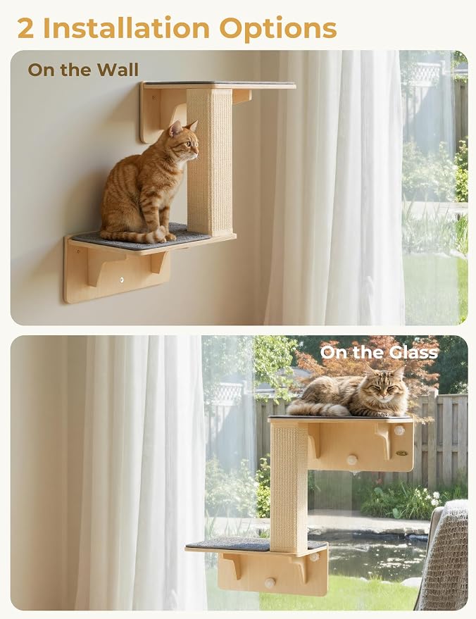 Pecute Double Cat Shelves with Scratching Post for Wall & Window | Solid Wood Frame, Strong Suction Cups, Washable Cover Mat, Cats Perch Bed for Birds Watching Inside, Indoor Cat Hammock Bed