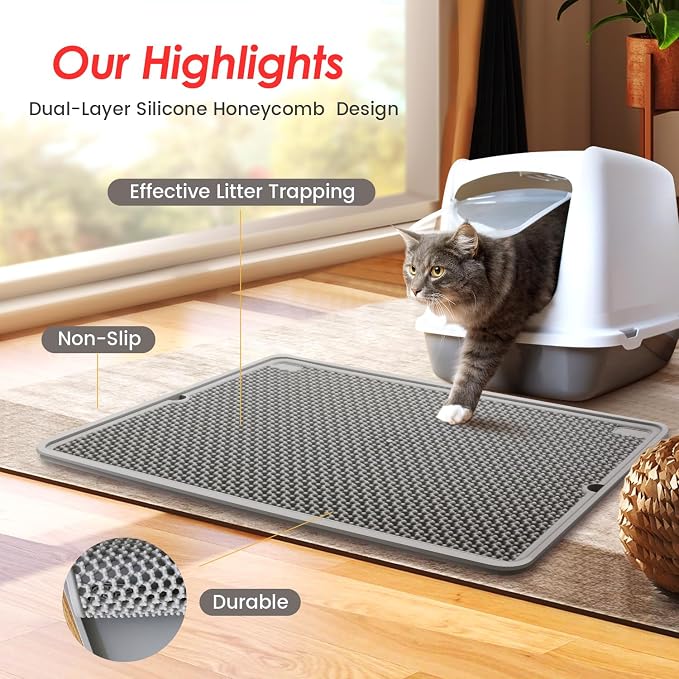 Cat Litter Mat | Litter Box Trapping Mat for Kitty | Waterproof & Anti-Tracking | Easy to Clean | Honeycomb Small Pads | Food Grade Silicone Catcher Mat | for Indoor Floor | Grey 20 * 15 in