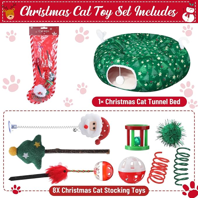Dansydaisy Cat Tunnel Christmas Tree Skirt, Green Christmas Tree Cat Tunnel Bed with Star and Toys, Hanging Pom Ball Plush Washable Cushion Peekaboo Playground for Small Medium Rabbit Xmas Decor