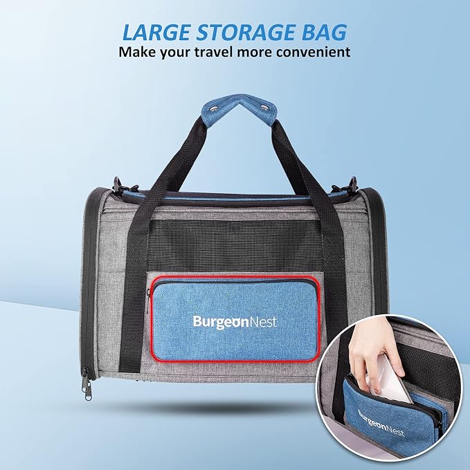 BurgeonNest Pet Carrier for Large Cats, Soft-Sided Cat Carrier for Big Cats and Small Dogs Up to 20 lbs, Top Loading Collapsible Escape-Proof Travel Cat Bag with 4 Mesh Windows & Side Storage, Blue