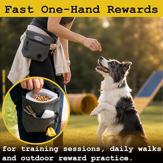 Dog Training Treat Pouch with Silicone Treat Bag, Magnetic Closure, Poop Bag Dispenser, Zippered Pocket, Metal Clip and Adjustable Waist Belt, Beige