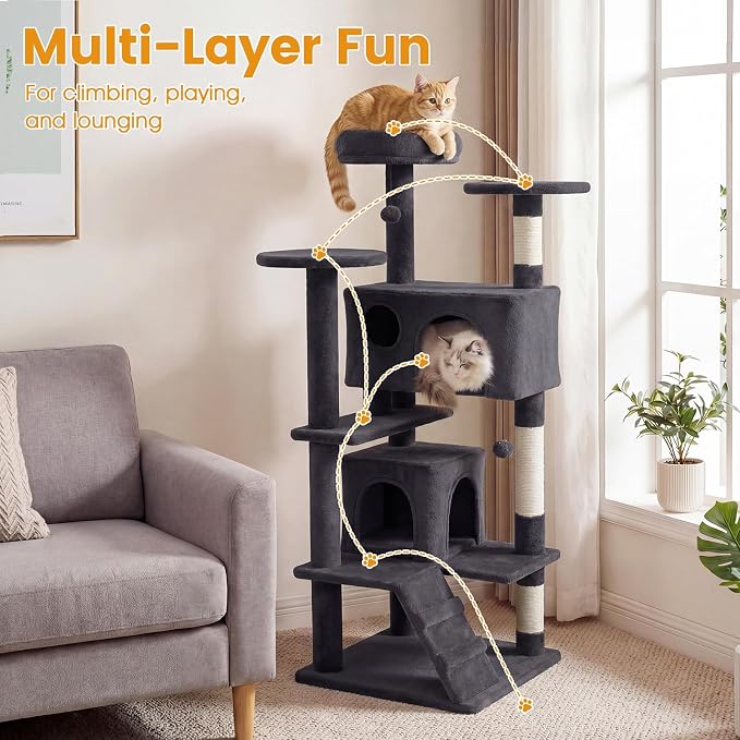 52-inch Cat Tree, Multi-Level Cat Tower with Sisal Scratching Posts, 2 Comfy Condos, Plush Padded Soft Top Perch, Dangling Balls, and Climbing Ladder, Ideal for Indoor Cats (Dark Grey)