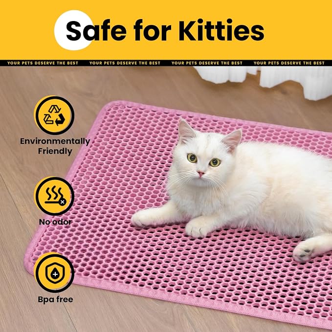 Cat Litter Mat New Size 23.6"x14.6" for Small Spaces, Upgrade Super Waterproof Back Layer Litter Box Mat, Non Slip, Durable, Soft on Paws Kitty Trapping Matt, Pink