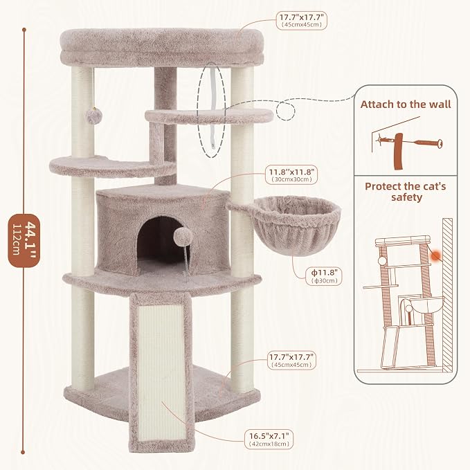 Corner Cat Tree Tower with All Sisal Scratching Posts GCT025MU | 44.1" Cat Furniture with Multi-level Cat Condo, Cat Cave, Hanging Basket, Sisal Scratching Ramp for Indoor Cats, Muchroom