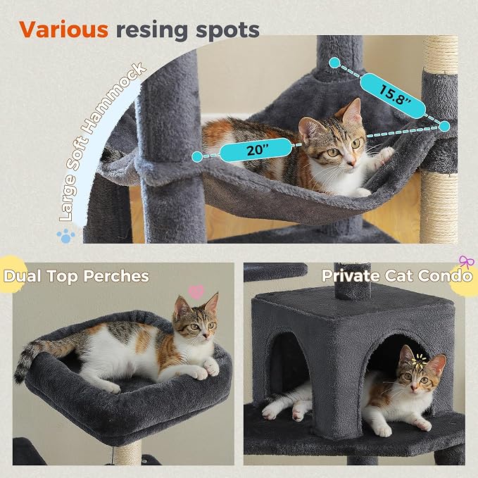 PEQULTI 56.3'' Cat Tree for Indoor Cats, Multi-Level Cat Tower with 2 Top Perch, Cat Condo, Hammock and Sisal-Covered Scratching Post, Smoky Grey
